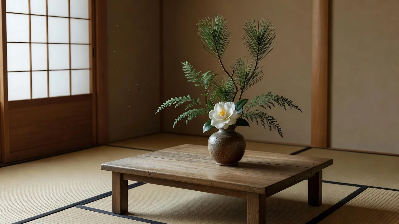 座卓に飾った生け花の作品