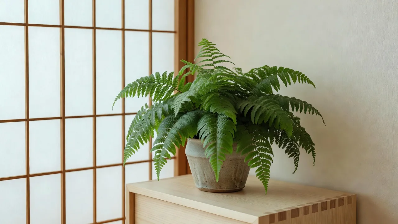 障子越しの光を受ける陶器鉢のシダ