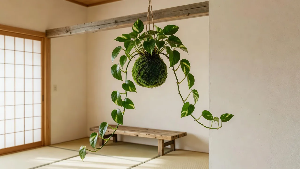 和室に吊るしたポトスの苔玉