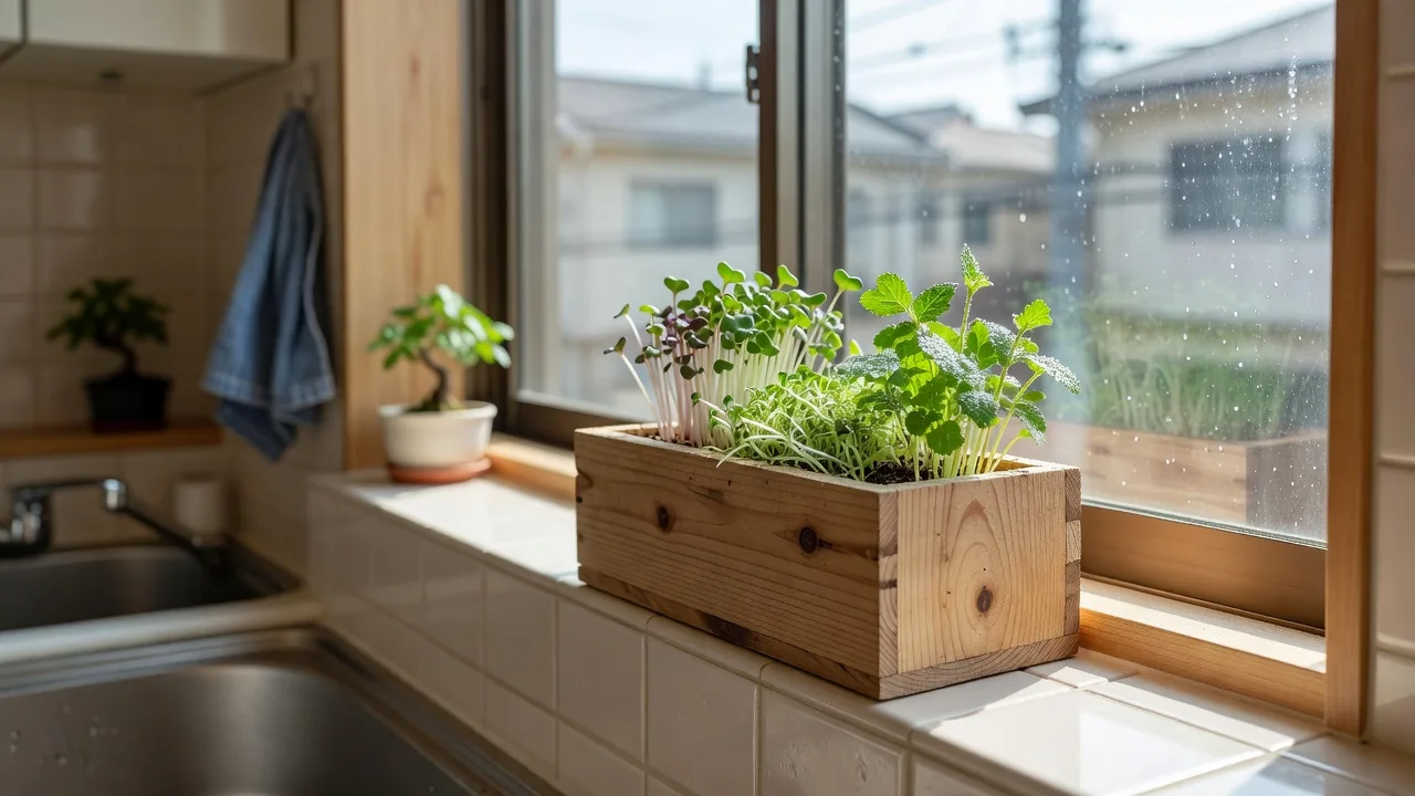 キッチンの窓辺で育てるスプラウトの木箱