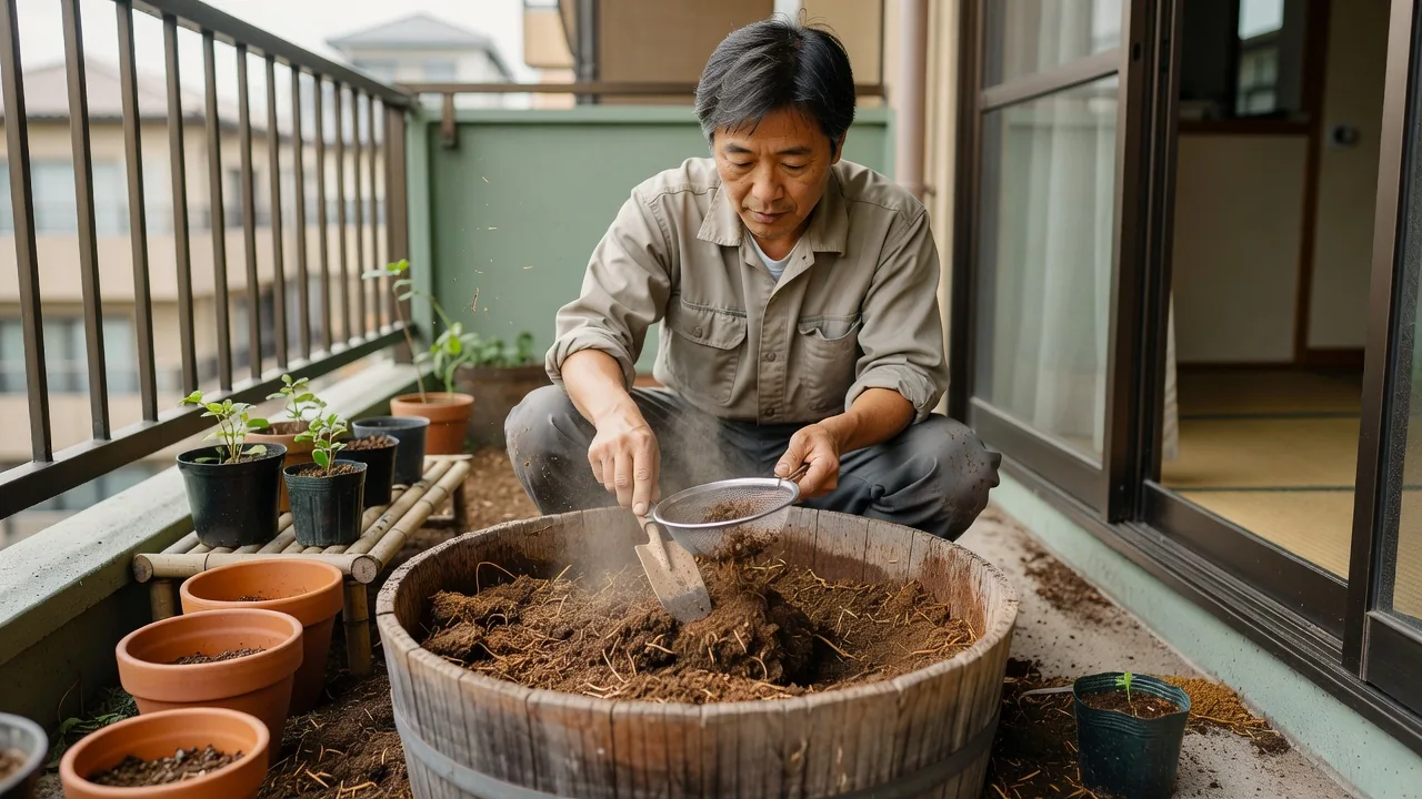 ベランダで桶の土に肥料を混ぜる男性