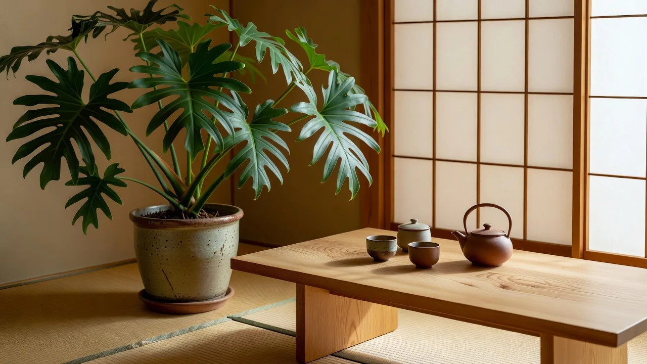 茶器の並ぶ座卓の横のフィロデンドロン