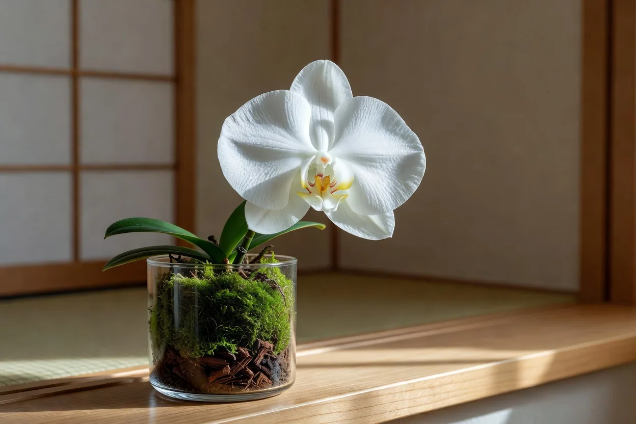 苔を敷いたガラス鉢の白い胡蝶蘭