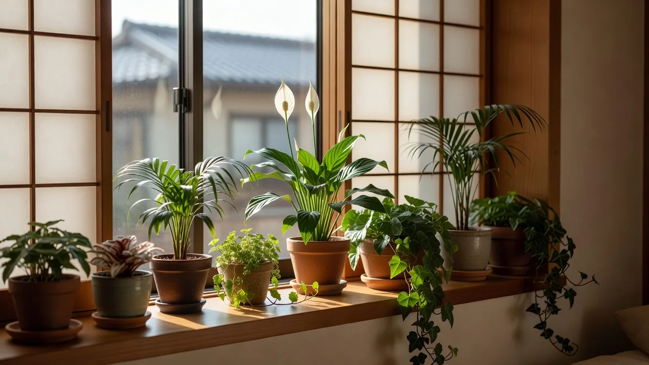 障子窓の前に並ぶ観葉植物の鉢