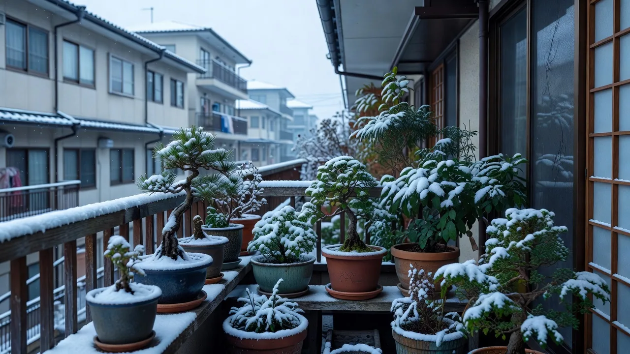 雪をかぶった常緑樹の鉢が並ぶ冬のベランダ