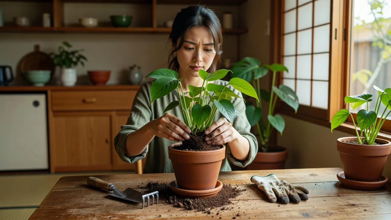 木の作業台で観葉植物を植え替える女性