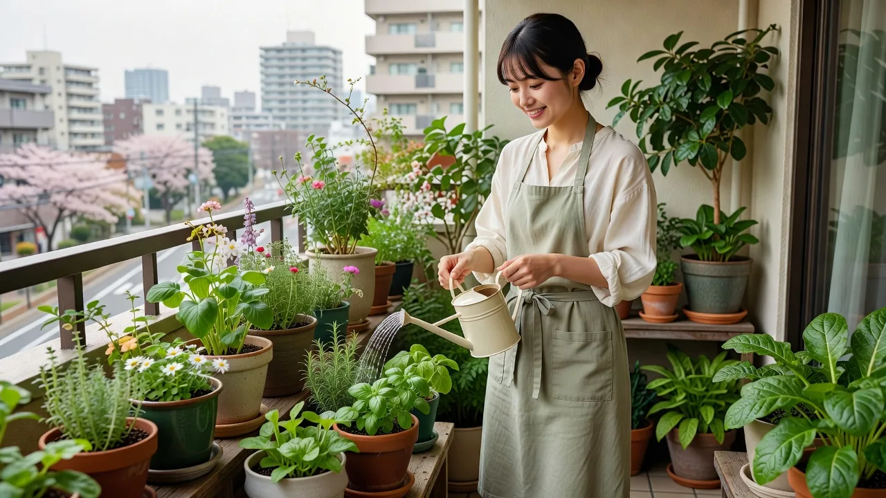 桜の見えるベランダで鉢植えに水をやる女性